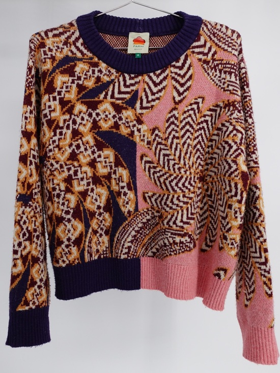 FARM Rio Sweaters - FARM RIO Multicolor Tropical Jacquard Knit Sweater Crew Neck Pink Purple Size M